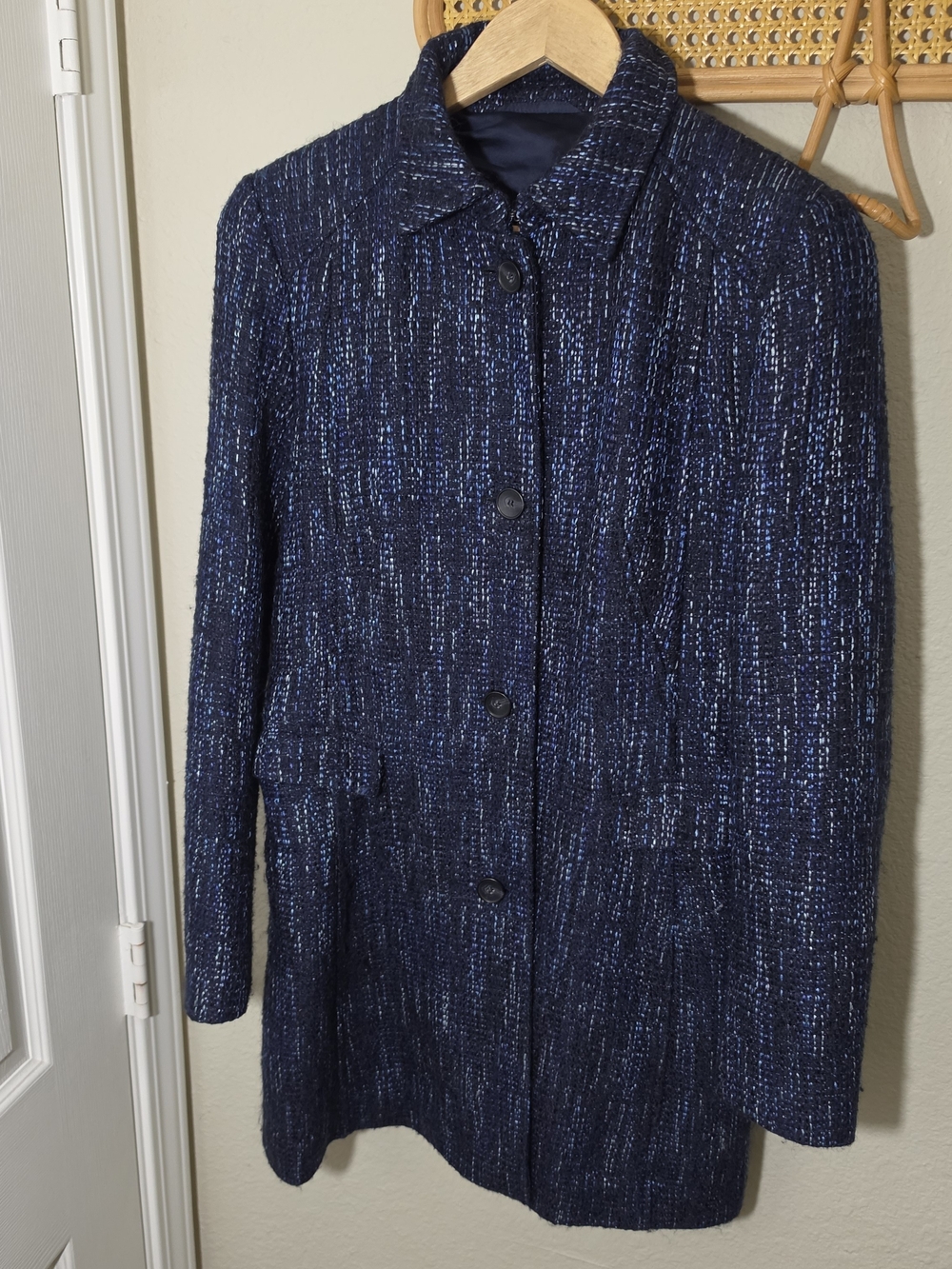 Hugo Boss Navy Tweed Button-Front Coat